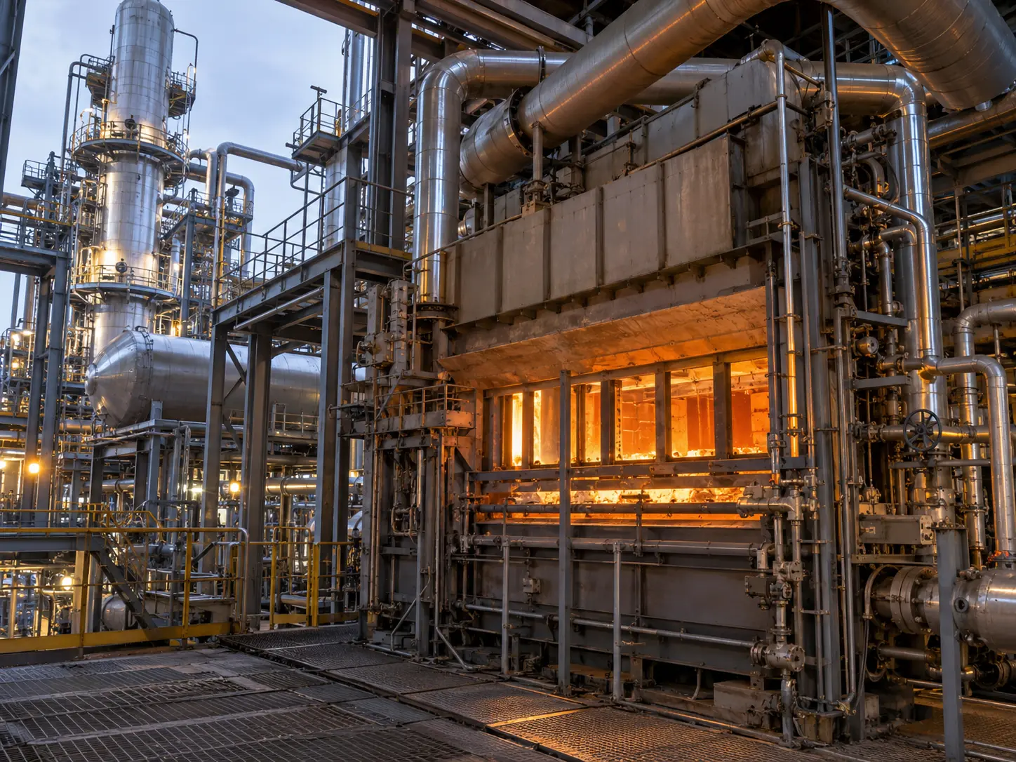 Four de procédé au foyer incandescent parmi la tuyauterie et les colonnes d’une usine pétrochimique